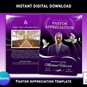 Pastor Appreciation Program Canva Template | Editable Purple and White Church Program | Printable 3-Page Template (8.5 x 11)