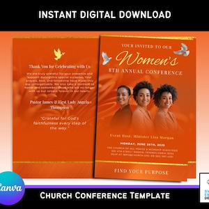 Sjabloon Canva-conferentieprogramma voor vrouwenkerk | Bewerkbare brochure verbrand oranje religieus evenement | 11 x 8,5 dubbelgevouwen | Ontwerp met 4 pagina's