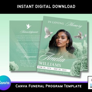 May include: A digital funeral program template with a mint green and white color scheme. The program features a photo of a woman, the text "In Loving Memory", and the name "Amelia Williams". The template includes the text "Instant Digital Download".