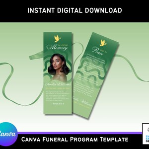 Può includere: Un download digitale di un modello di programma funebre Canva. Il design presenta un ritratto di donna, con il testo "In Loving Memory" e "Rest in Peace". Il modello è verde e bianco con una grafica a colomba.