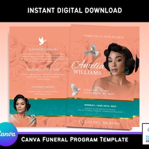 May include: A pink and gold funeral program template with a photo of a woman and the text "Forever in our hearts Amelia Williams" and "In loving memory".