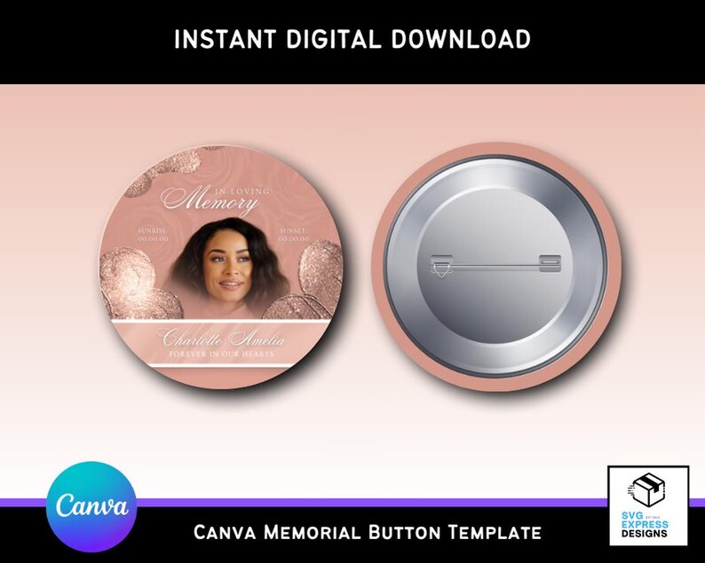 Pink Rip Button Backdrop Editable Rose Gold Memorial Button Template | Canva RIP Keepsake | 3x3 ...
