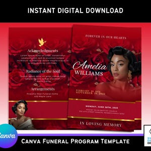 Red and Gold Funeral Program Template: Elegant Bi-Fold (Canva, 11x8.5 in) (Digital Download)