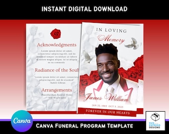 White and Red Canva Funeral Program Template – Elegant Bi-Fold Brochure (11x8.5 in) with Red Rose