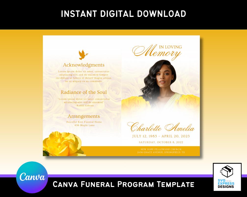 Yellow Roses Funeral Vector Yellow Roses Canva Funeral Program Template โ Elegant Bi-fold Brochure ...