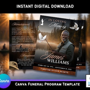 May include: A Canva funeral program template with the text "Instant Digital Download." The design features a man fishing, doves, and the text "In Loving Memory." The program includes the name "James Williams" and dates.