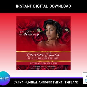 Anuncio e invitación para funeral en rojo y dorado / Volante conmemorativo digital, obituario, celebración de la vida / Plantilla de Canva