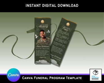Green Camouflage Funeral Bookmark Template: Elegant Memorial Keepsake (Canva Editable, 2.75" x 8" Printable)