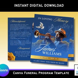 Puede incluir: Plantilla digital para programa fúnebre. El diseño presenta un fondo azul con un trompetista, notas musicales y el texto "In Loving Memory". El programa incluye espacio para una foto, obituario y detalles del servicio. El texto "James Williams" se muestra de forma destacada.