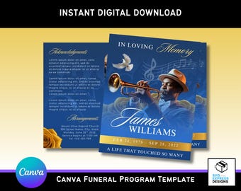 Sjabloon voor blauw en goud muziekbegrafenisprogramma: dubbelgevouwen canva (digitale download)
