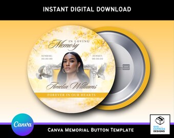 Modelo de botão memorial com flor de cerejeira amarela: Canva RIP Keepsake (Download digital)