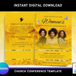 Sjabloon Canva-conferentieprogramma voor vrouwenkerk | Bewerkbare brochure religieuze evenementen gele rozen | 11 x 8,5 dubbelgevouwen | Ontwerp met 4 pagina's
