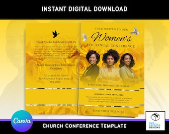 Women&#39;s Church Conference Program Template: Yellow Roses, Editable Bi-Fold (Canva, 11x8.5, Digital Download)