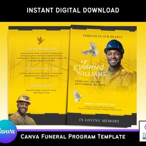 May include: A digital funeral program template with a yellow background. The design includes a photo of a man in a hard hat, doves, and the text "Forever in Our Hearts." The template is available for instant download.