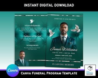 Sjabloon voor tealgroen begrafenisprogramma: elegante herdenkingsbrochure (canva, 11 x 8,5, digitale download)