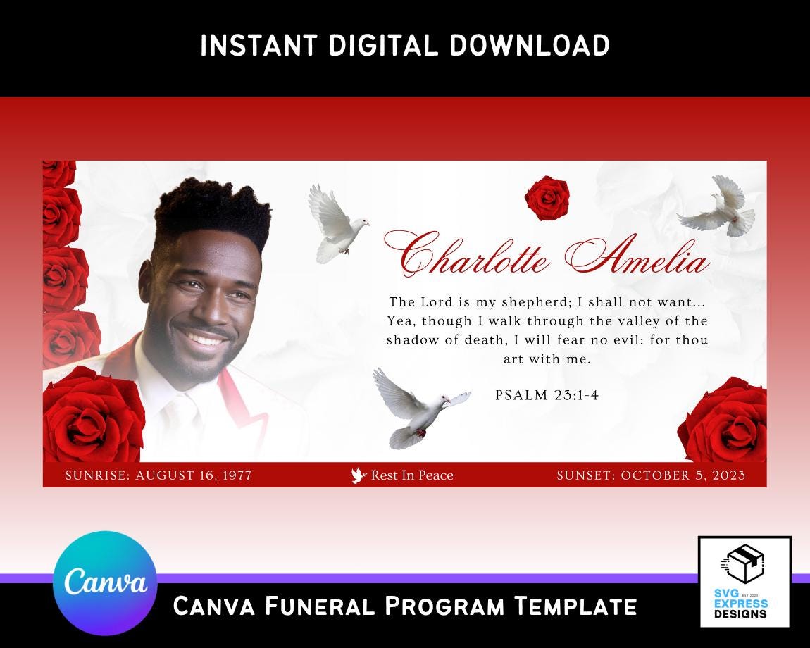 Funeral Casket Panel Template: Red & White Memorial Design (31x14 In ...