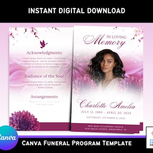 May include: A funeral program template with a floral design and the text "In Loving Memory." The template includes space for a photo, name, and dates. The words "Instant Digital Download" and "Canva Funeral Program Template" are also visible.