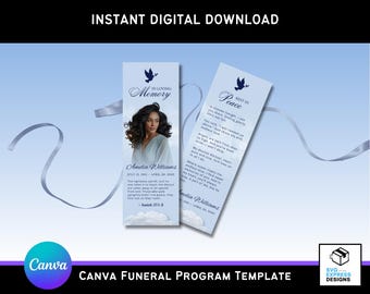 Light Blue Cloud Funeral Bookmark Template: Elegant Memorial Keepsake (Canva Editable, 2.75" x 8")