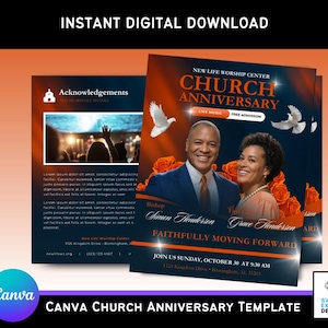 May include: A digital download template for a church anniversary event. The design features a photo of a man and woman, doves, and orange roses. Text includes "Church Anniversary" and "Join us Sunday, October 30 at 9:30 AM."
