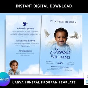 May include: A digital Canva funeral program template with a blue and white design. The template includes a photo of a child, the text "In Loving Memory," and other details. The words "Instant Digital Download" are at the top.