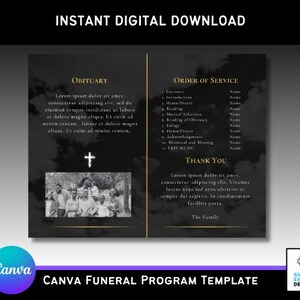 Classic Black & Gold Canva Funeral Program Template – Elegant Bi-fold ...