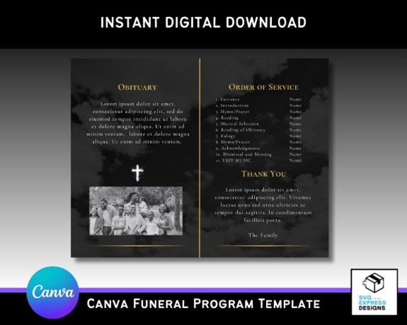 Classic Black & Gold Canva Funeral Program Template – Elegant Bi-fold ...
