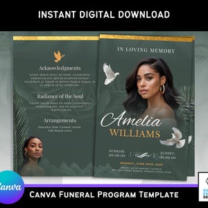 Könnte beinhalten: Eine digitale Canva-Trauerprogrammvorlage mit dunkelgrünem Hintergrund. Das Design enthält den Text "In Loving Memory" und den Namen "Amelia Williams". Es zeigt Bilder von Tauben und ein Porträt einer Frau. Die Vorlage enthält auch den Text "Sofortiger digitaler Download."