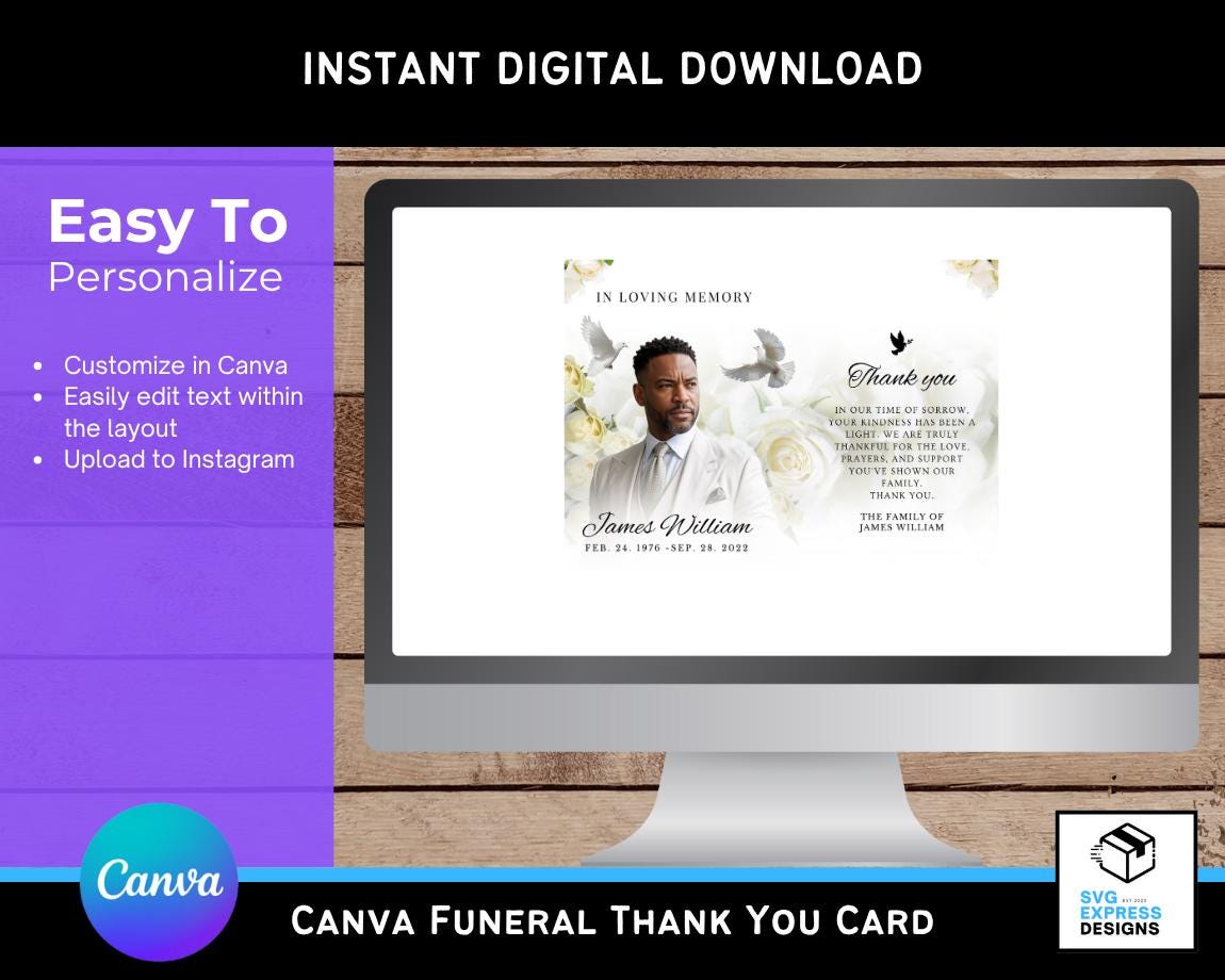 White and Black Roses Funeral Thank You Card Template | Editable Canva ...