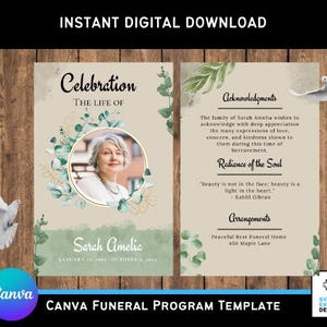 Op de afbeelding: Een afdrukbare Canva-sjabloon voor een begrafenisprogramma met een groene aquarel achtergrond en een foto van een vrouw in een cirkel. De tekst luidt "Viering, Het leven van Sarah Amelia, 22 januari 1948 - 4 oktober 2022". De rechterkant van de sjabloon bevat de tekst "Dankbetuigingen, De familie van Sarah Amelia wil haar diepe dank uitspreken voor de vele uitingen van liefde, medeleven en vriendelijkheid die haar zijn getoond tijdens deze tijd van rouw. Uitstraling van de ziel, "Schoonheid zit niet in het gezicht, schoonheid is een licht in het hart." - Kahlil Gibran, Regelingen, Peaceful Rest Funeral Home, 456 Maple Lane."