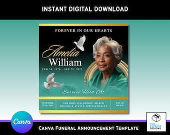 Black & Green Funeral Announcement Template: Canva Memorial Invitation (4x4 inches) (Digital Download)