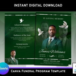 May include: A digital funeral program template with a green and silver design. The template includes space for photos, text, and event details. The words "In Loving Memory" and "James Williams" are visible.