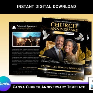 Op de afbeelding: Een digitale sjabloon voor een kerkjubileum, met een zwart en goud ontwerp. De afbeelding bevat duiven, een stel en de tekst "Church Anniversary". Directe digitale download.