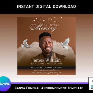 Anuncio e invitación para funeral en color chocolate / Volante conmemorativo digital, obituario, celebración de la vida / Plantilla de Canva