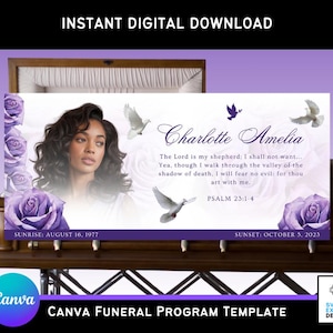Painel de caixão funerário com rosas roxas no Canva | Encarte memorial editável de 31 x 14 pol. | Design de celebração da vida