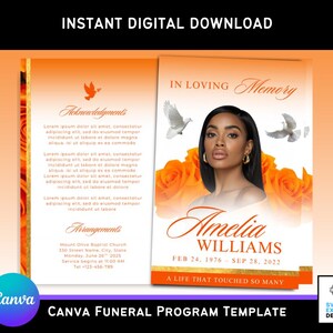May include: A digital download funeral program template with an orange and gold color scheme. The design includes a photo of a woman, the text "In Loving Memory," and the name "Amelia Williams." The template also features floral accents and the text "A Life That Touched So Many."