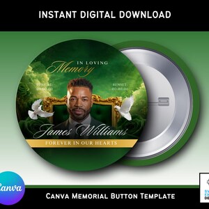 Elegant Green & Gold Memorial Button Template | Canva RIP Keepsake | 3x3 Digital Funeral Button Design