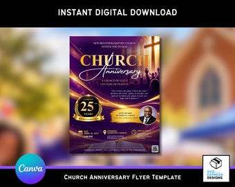 Vorlage für einen Flyer zum Kirchenjubiläum, Flyer zur Feier des Kirchenjubiläums, Feier für Pastor und Gemeinde, bearbeitbarer Kirchenflyer (Canva)