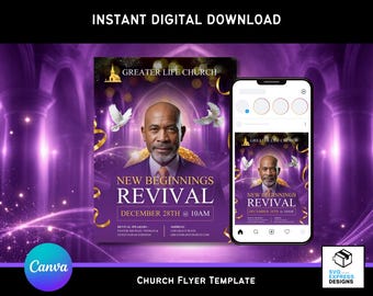 End Year Revival Service Purple & Gold  Church Flyer Template | Canva Design (Digital Download)