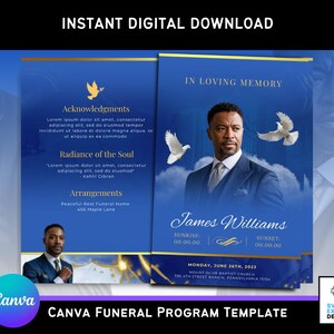 May include: A digital funeral program template in blue and gold. The design features the text "In Loving Memory" and "James Williams", along with images of doves and a photograph. The text "Instant Digital Download" and "Canva Funeral Program Template" are also visible.