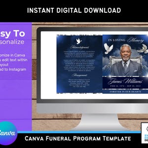 Op de afbeelding: Een digitaal Canva-sjabloon voor een begrafenisprogramma, weergegeven op een computerscherm. Het programma heeft een marineblauw en wit ontwerp met de tekst "In Loving Memory" en "James Williams". Eenvoudig te personaliseren en aan te passen in Canva.