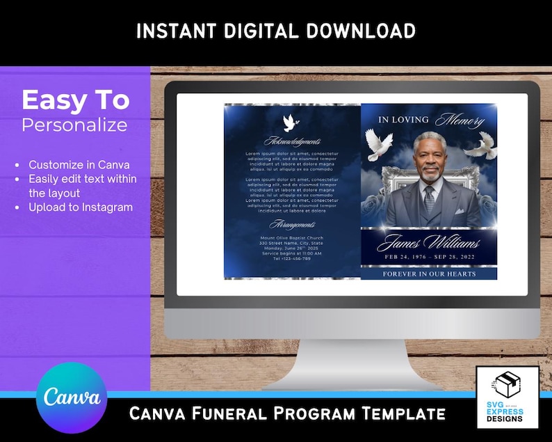 Op de afbeelding: Een digitaal Canva-sjabloon voor een begrafenisprogramma, weergegeven op een computerscherm. Het programma heeft een marineblauw en wit ontwerp met de tekst "In Loving Memory" en "James Williams". Eenvoudig te personaliseren en aan te passen in Canva.