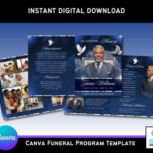 Op de afbeelding: Een digitaal Canva-begrafenisprogrammasjabloon met een donkerblauwe achtergrond en zilveren accenten. Het ontwerp bevat een foto van een man, duiven en de tekst "In Loving Memory" en "Forever in Our Hearts". De sjabloon is direct te downloaden.