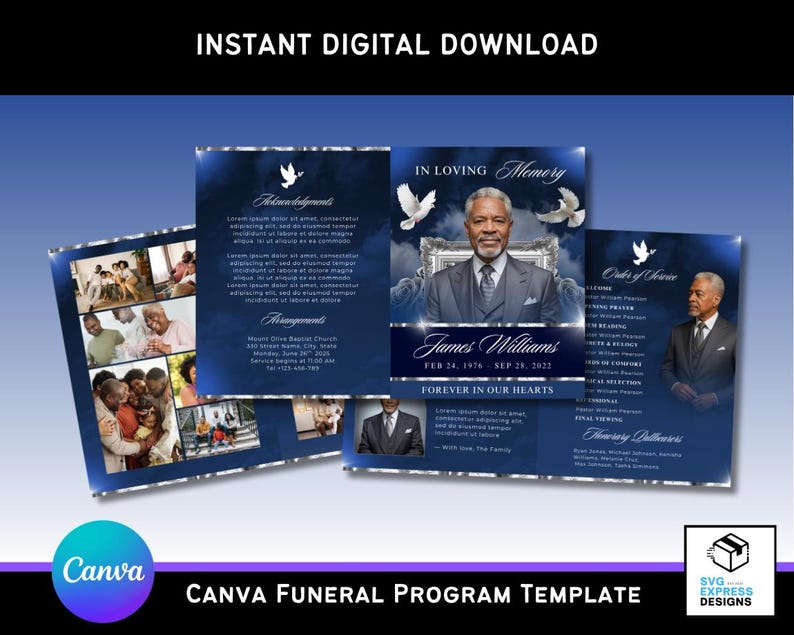 Op de afbeelding: Een digitaal Canva-begrafenisprogrammasjabloon met een donkerblauwe achtergrond en zilveren accenten. Het ontwerp bevat een foto van een man, duiven en de tekst "In Loving Memory" en "Forever in Our Hearts". De sjabloon is direct te downloaden.