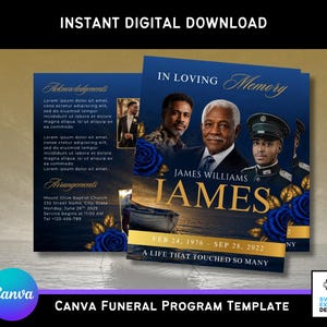 Può includere: Modello digitale di programma funebre blu navy e oro. La copertina presenta foto di tre uomini, rose blu e il testo "In Loving Memory" e "James Williams". Il modello include spazio per ringraziamenti e accordi.