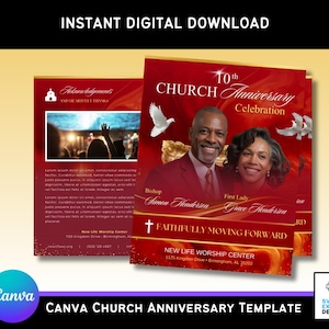 May include: A red Canva church anniversary template with the text "10th Church Anniversary Celebration". The template features images of a man and woman, doves, and the words "Faithfully Moving Forward".