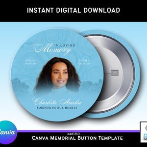 Plantilla editable de botón conmemorativo azul cielo / Canva RIP Keepsake / Diseño de botón funerario digital 3x3