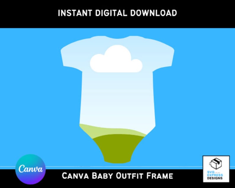 May include: A blue baby onesie with a white cloud and green grass design. The onesie is a template for a Canva baby outfit frame.