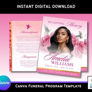 Puede incluir: Una plantilla de programa fúnebre de Canva rosa con el texto "In Loving Memory" y "Amelia Williams". El diseño incluye rosas rosas, palomas y el texto "A Life That Touched So Many". Las palabras "Descarga digital instantánea" están en la parte superior.