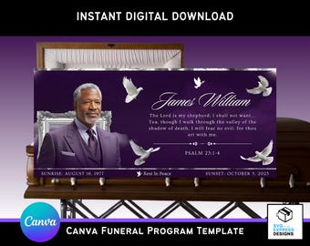 Purple Sky Funeral Casket Panel Template | 31x14 in Canva Editable Memorial Insert (Digital Download)