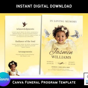 May include: A Canva funeral program template with a photo of a child, angel wings, and doves. The program includes text such as "In Loving Memory," "Jasmin Williams," and details for a memorial service. The design is predominantly yellow and white.